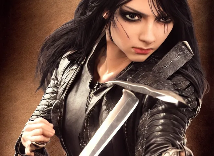 Image similar to black haired woman in a leather jacket, a sword fight, action pose, movie scene, highly detailed, intricate, face enhance, long sharp intricate sword, trending on artstation, action pose