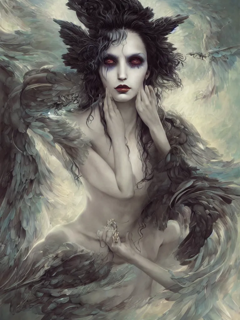 Prompt: a seapunk portrait of a harpy with shadowy eyes and bonewhite hair, with black glossy lips, hyperrealistic, award-winning, masterpiece, in the style of Tom Bagshaw, Cedric Peyravernay, Peter Mohrbacher