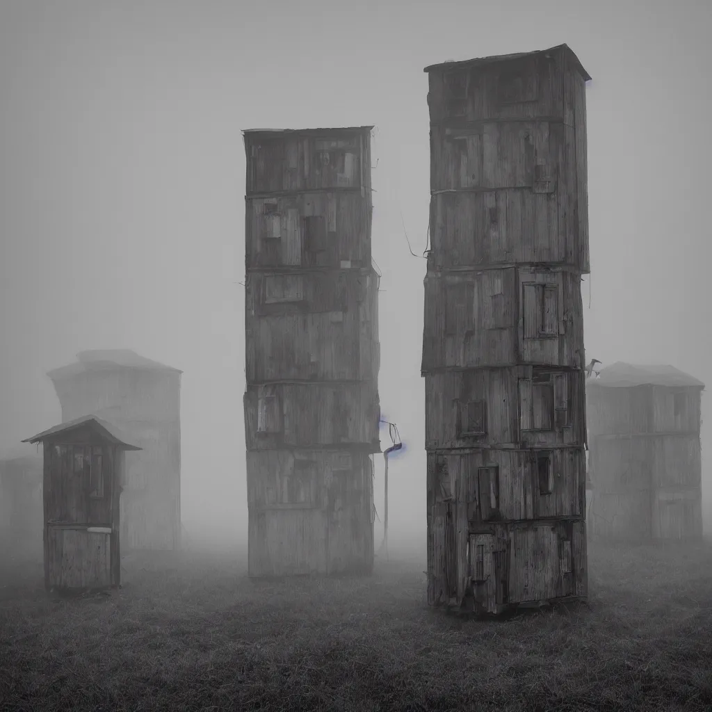 Prompt: two towers, made up of makeshift squatter shacks, uneven dense fog, dystopia, hasselblad x 1 d, fully frontal view, photographed by jeanette hagglund