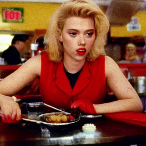 Prompt: Scarlett Johansson serving cherry pie at the double r diner in Twin Peaks (1990)