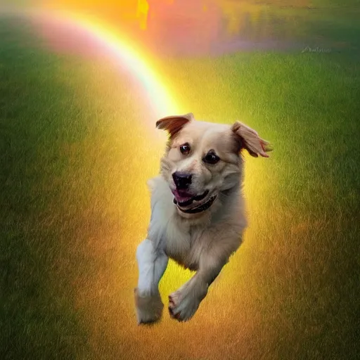 Image similar to a singular beautiful dog running happily towards its owner, ethereal heavenly rainbow bridge in the background behind the dog, tall golden heavenly gates, amazing, stunning artwork, featured on artstation, cgosciety, behance