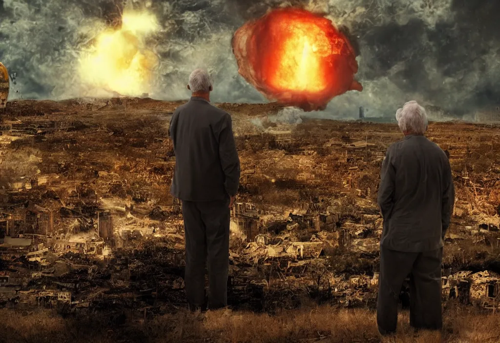 Image similar to old man with ( black cat ) watching nuke explosion cinematic, background blur bokeh, world ending nuke, 4 k