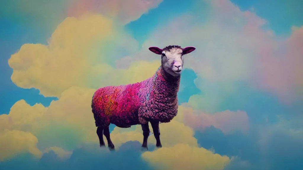 Image similar to portrait of a sheep on a colorful nebulous cloud backdrop