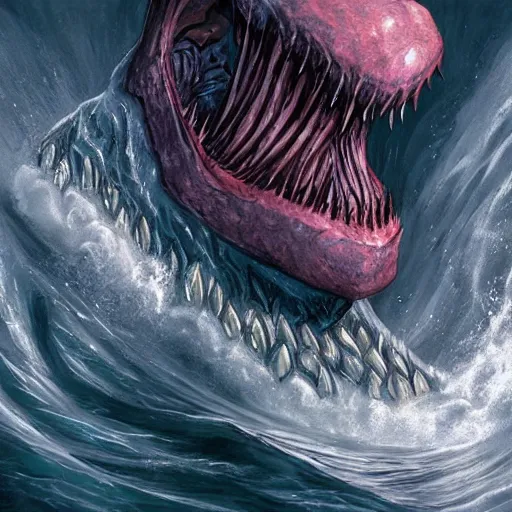 Image similar to d & d fantasy art, a huge human mouth with large flat teeth, large dorsal fins swimming through a dark ocean, pink skin, sinew, concept art, character art, horror