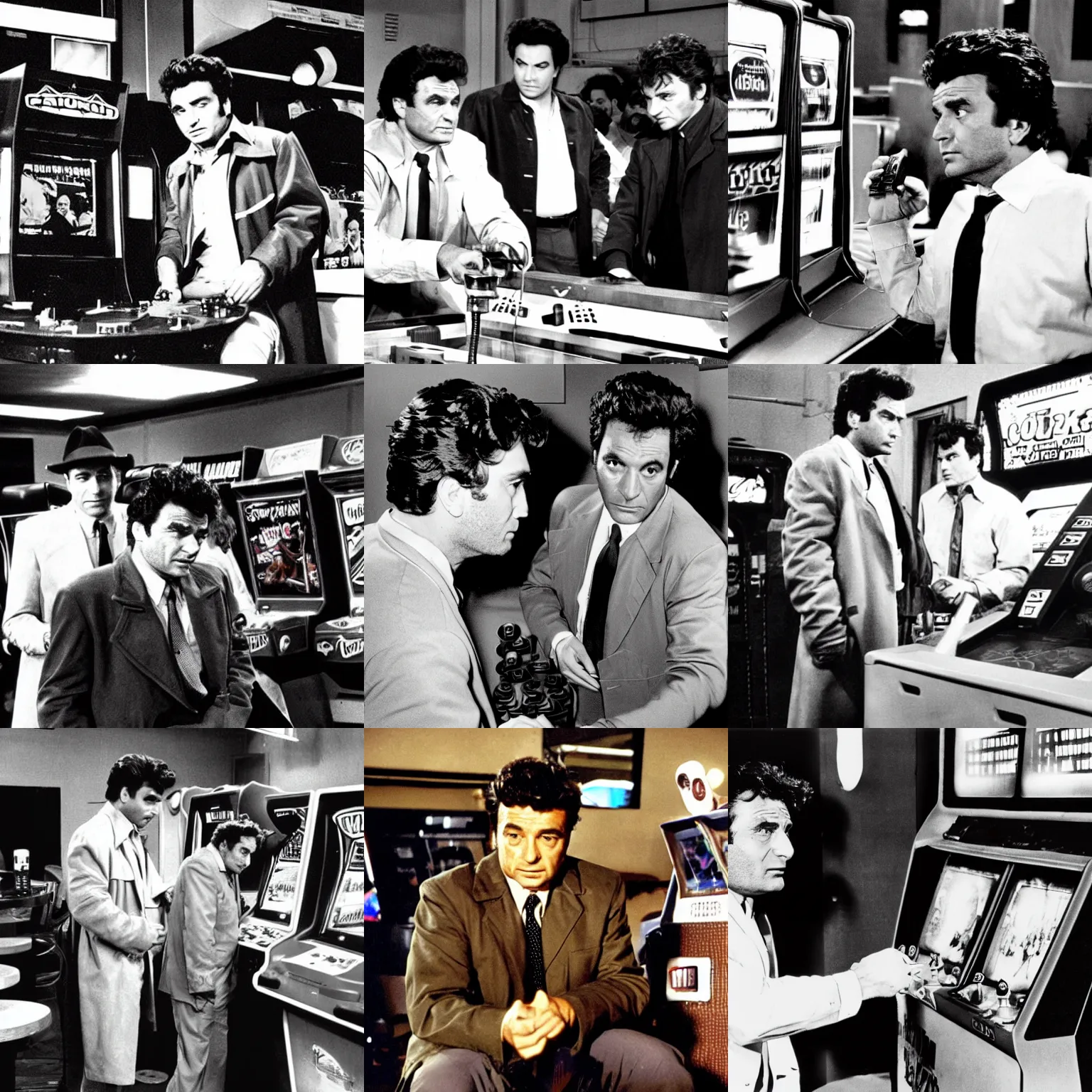 Prompt: a young peter falk as police detective columbo in his messy tan trenchcoat, looking inquisitively at an arcade fight stick in the foreground