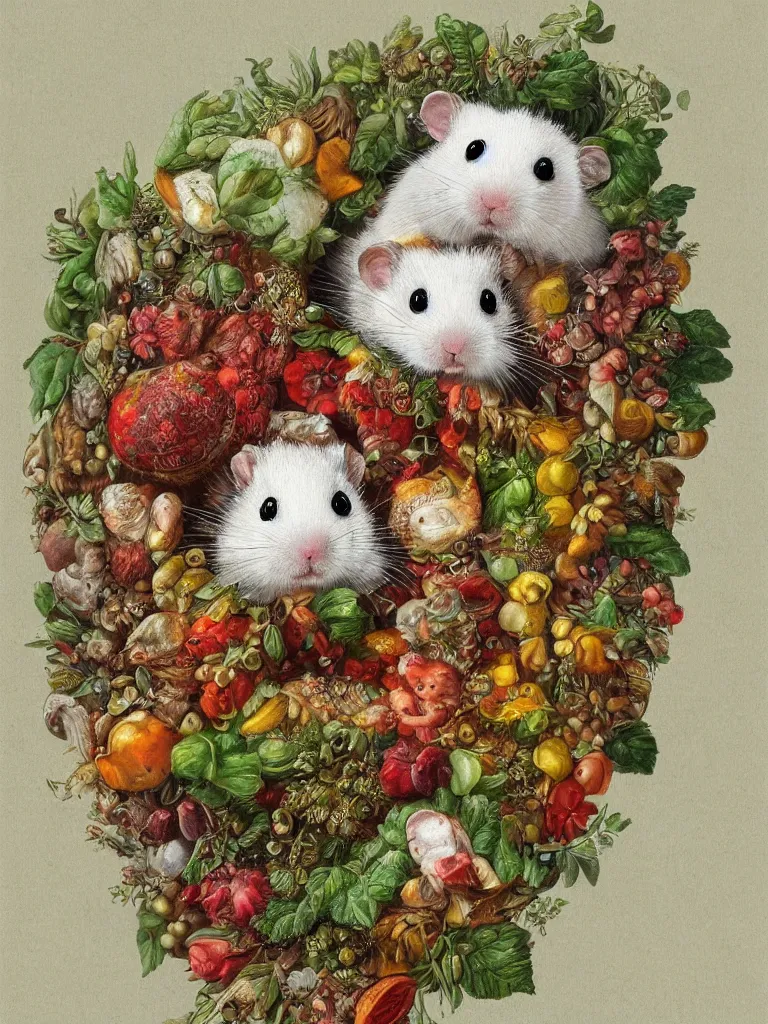 Image similar to Highly detailed cute hamster in the style of Guiseppe Arcimboldo, sharp, masterpiece, artstation