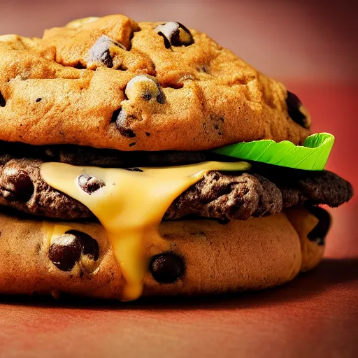 Prompt: a cheeseburger with chocolate chip cookie! bun, food photography, highly detailed, advertisement