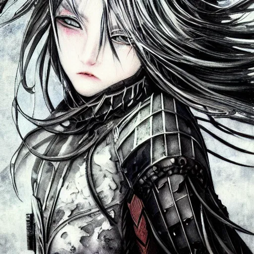 Prompt: yoshitaka amano blurred and dreamy illustration of an anime girl with black eyes, wavy white hair and cracks on her face near eyes wearing elden ring armour with the cape fluttering in the wind, abstract black and white patterns on the background, noisy film grain effect, highly detailed, renaissance oil painting, weird portrait angle