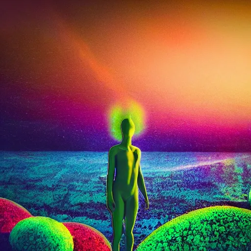 Image similar to A picture of a planet of various colors and plants, in which the human figure is dressed in something magical and impressive, inside the picture is infinity, sunset light, Atmospheric phenomenon, artistic photography, muted colors, conceptual