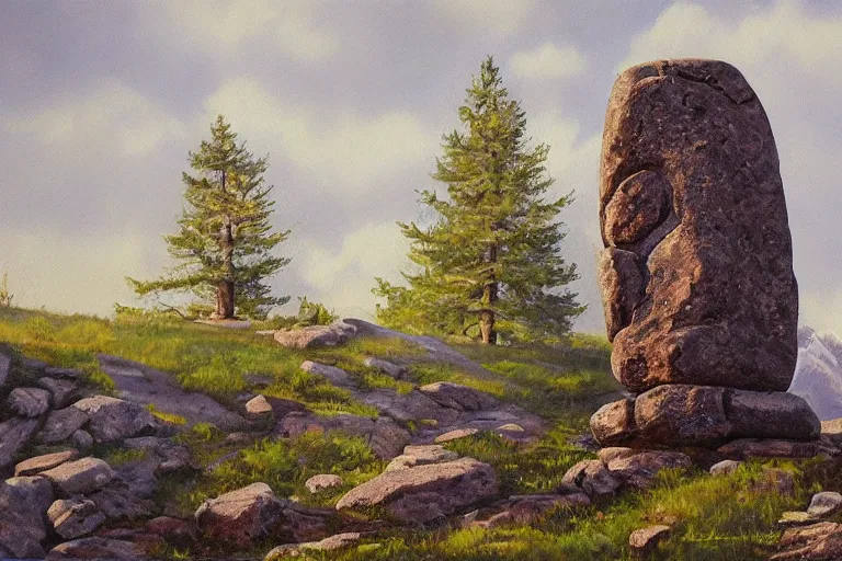 Image similar to runestone, monument, megalithic, nature, trees, mountains, oil painting