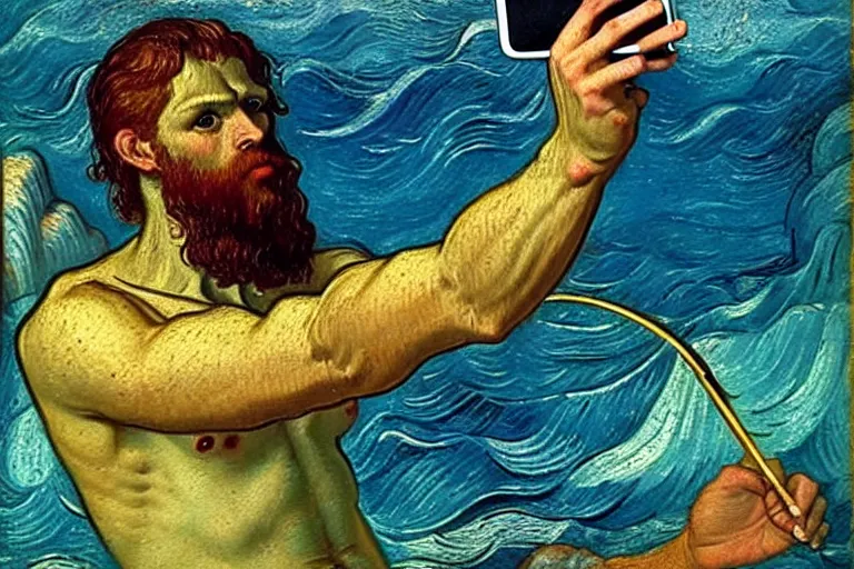 Prompt: hyperrealistic renaissance oil painting of greek god poseidon taking a selfie of himself underwater holding a go pro look king confused holding his trident, highly detailed and intricate by vincent vang gogh and billy butcher