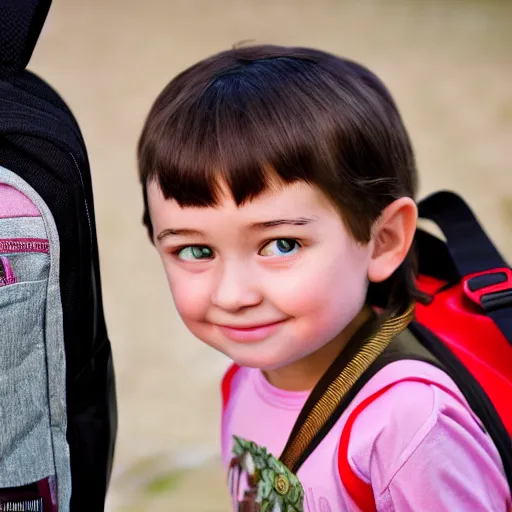 Image similar to realistic portrait 3 5 mm camera shot of a young child with a school bag very detailed, hyperrealistik 4 k