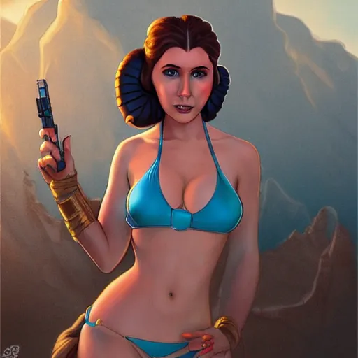 Image similar to beautiful princess leia in a bikini on the beach drawn by artgerm