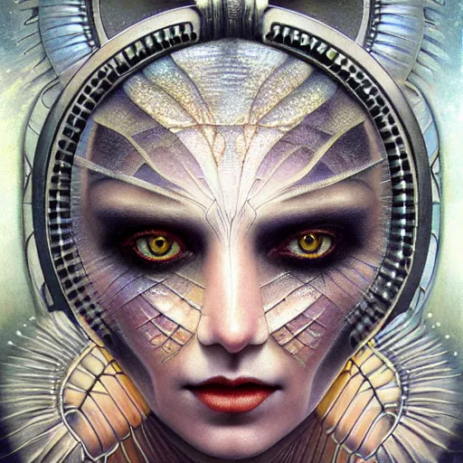 Image similar to beautiful closeup portrait of an art deco witch, glowing eyes. reflective detailed textures, moth wings, highly detailed dark fantasy science fiction painting by tom bagshaw and michael whelan and diego rivera and annie swynnerton and jean delville, elaborate geometric ornament, ancient runes, silver and cool colors. artstation