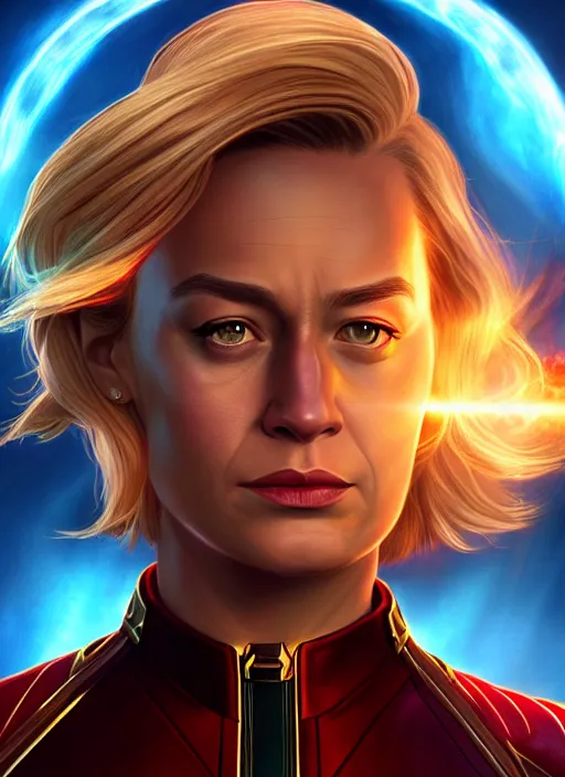 Image similar to Highly detailed portrait of Captain Marvel, unreal engine, fantasy art by Loish, global illumination, radiant light, detailed and intricate environment