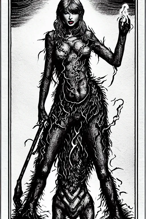 Prompt: taylor swift made of smoke, air elemental, as a d & d monster, full body, pen - and - ink illustration, etching, by russ nicholson, david a trampier, larry elmore, 1 9 8 1, hq scan, intricate details, inside stylized border