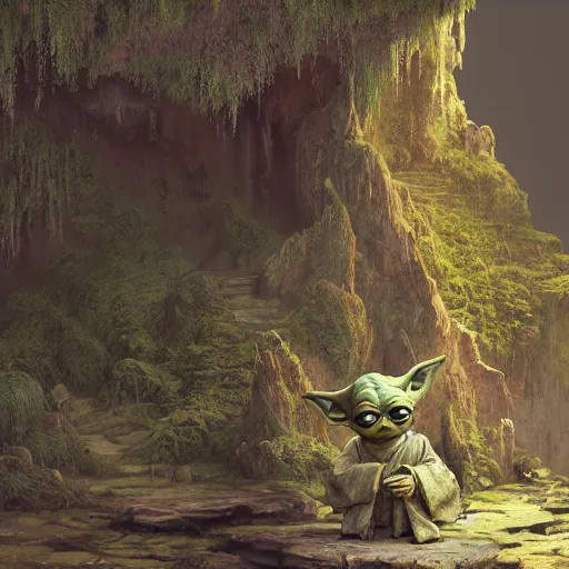 Prompt: yoda in a cave, hyper detailed, digital art, trending on artstation, cinematic lighting, studio quality, smooth render, unreal engine 5 rendered, octane rendered, art style by klimt and nixeu and ian sprigger and wlop and krenz cushart