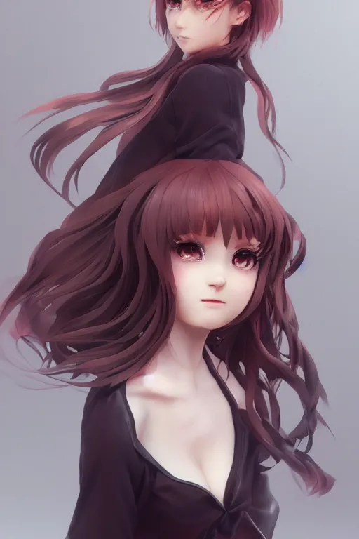 Image similar to Very complcated dynamic composition, realistic anime style at Pixiv, Zbrush sculpt colored, Octane render in Maya and Houdini VFX, young redhead girl in motion, wearing jacket and skirt, silky hair, black stunning deep eyes. By ilya kuvshinov, krenz cushart, Greg Rutkowski, trending on artstation. Amazing textured brush strokes. Cinematic dramatic soft volumetric studio lighting