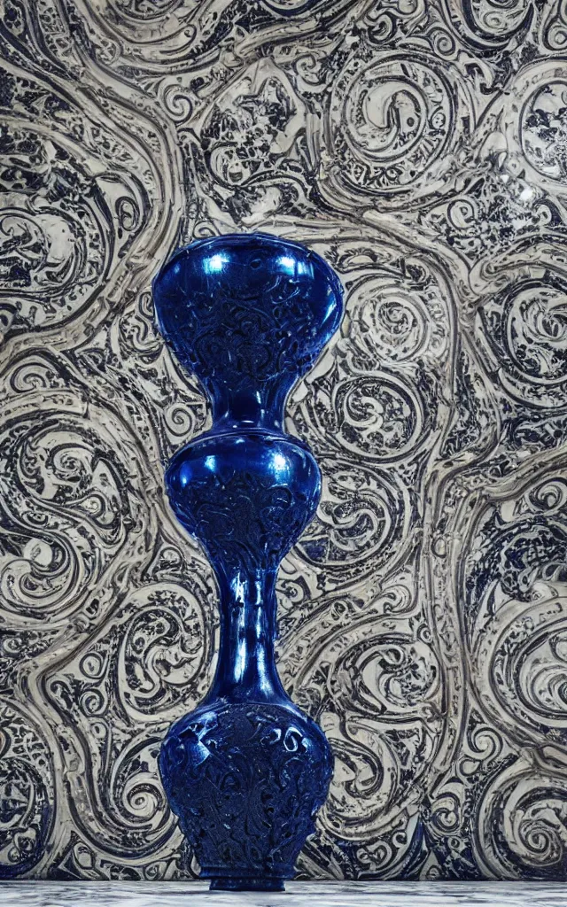 Image similar to An ornate baroque vase breaking on the marble tile floor, exploding into dust, dark-blue light-blue gold silver white black beige, volumetric dust rays, intricate detail, ultra realistic, cinematic lighting, moody, wet, shiny