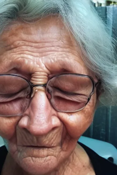 Prompt: an old grandma squinting because she accidentally took a selfie with the flesh on