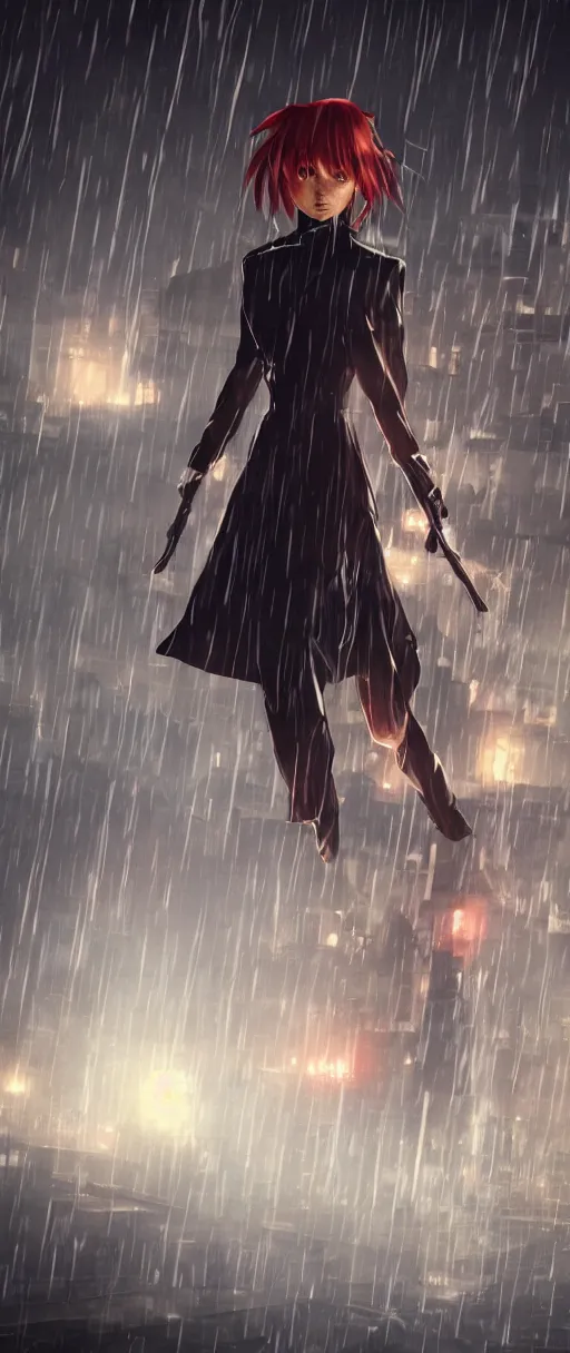 Image similar to asuka langley soryu in a dishonored town, dunwall city, advanced digital art, dishonored aesthetic, cinematic lighting, rainy weather, melancholy atmosphere, artstation, dunwall city, gothic architecture, volumetric light, octane render, dishonored game, dishonored 1, atmosphere or depression and despair, bokeh blur, anime character portrait, cute anime face