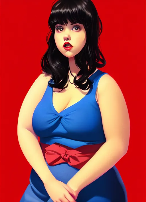 Image similar to full body portrait of teenage veronica lodge, obese, bangs, sultry, realistic, sultry smirk, wavy hair, red skirt, fat, belly, intricate, elegant, glowing lights, highly detailed, digital painting, artstation, concept art, smooth, sharp focus, illustration, art by wlop, mars ravelo and greg rutkowski