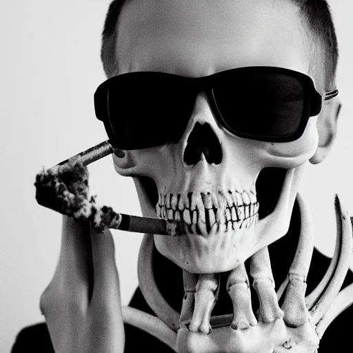 Prompt: photo of skeleton either sunglasses smoking a cigarette