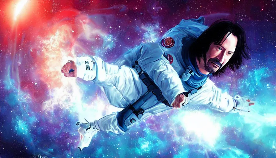 Prompt: Keanu reeves floating in space with extatic facial expression, digital art, artstation, artgem