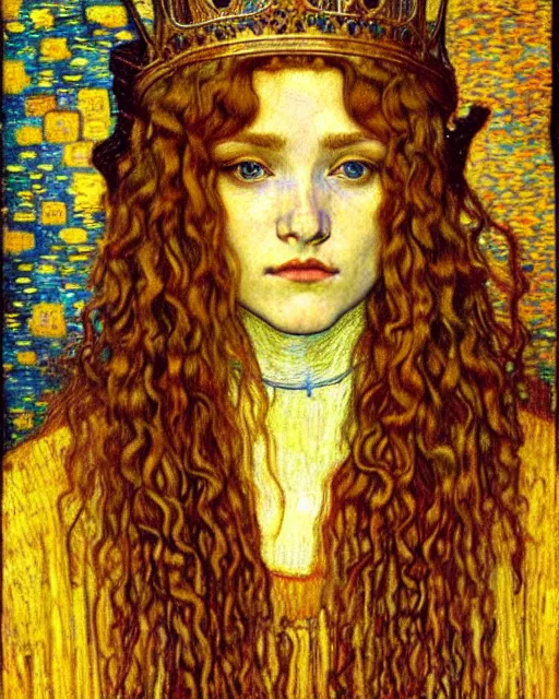 Image similar to detailed realistic beautiful young medieval queen face portrait by jean delville, gustav klimt and vincent van gogh, art nouveau, symbolist, visionary, gothic, pre - raphaelite, muted earthy colors, desaturated