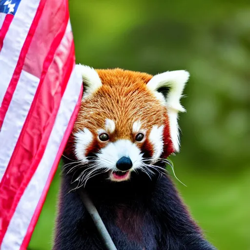Prompt: red panda with armour, holding american flag, photo, dslr, photorealistic