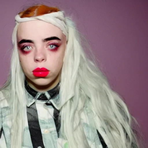 Prompt: crazy billie eilish with a pan on her head