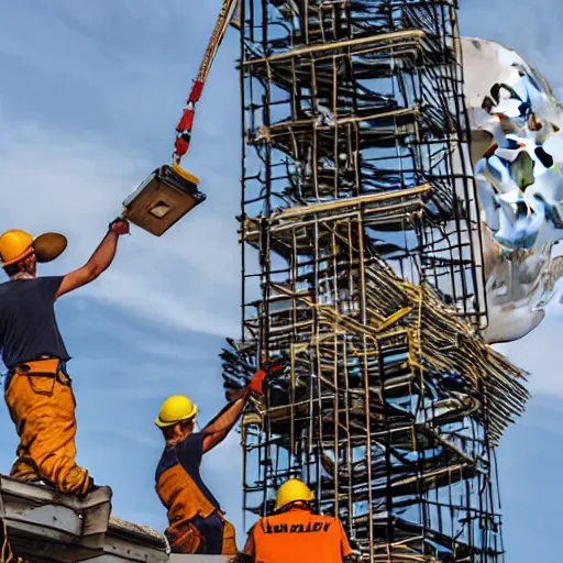 Image similar to two construction workers removing the moon from the sky