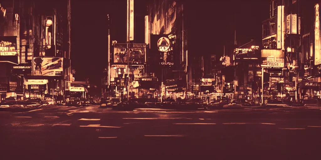 Prompt: city at night, future retro, cinematic, atmospheric, underexposed, 135mm lens, cinematography by greig fraser