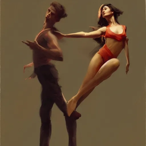 Image similar to oil painting dancer woman with dancer men, herb rose, by greg rutkowski, artstation