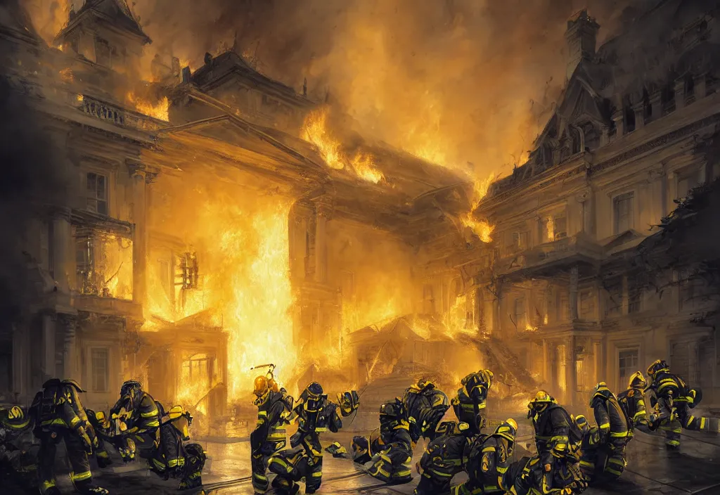 Image similar to one heroic firefighters with black and yellow uniforms in action inside white house, interior background, fire flames, sharp details, sharp focus, photorealistic, octane, hyper detailed, trending on deviantart, illustration, by jordan grimmer and greg rutkowski and pine ( ハイネ ), intricate