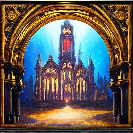 Prompt: live performance stage, ornate gothic style with lights and large sound speakers, by Megan Duncanson and Raphael Lacoste, detailed 3d gothic oil painting