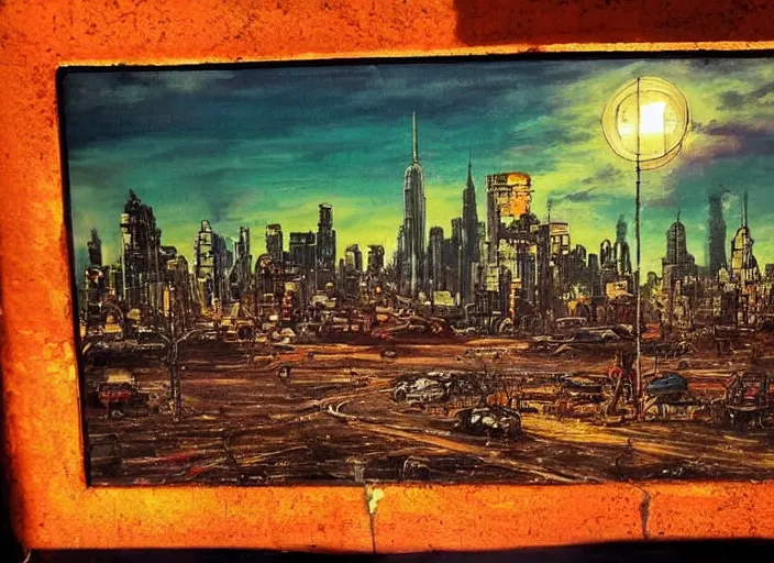 Prompt: seen through a window, decrepit new york, post apocalyptic cityscape after a nuclear war, beautiful radioactive sunset lighting, beautiful painting, fallout
