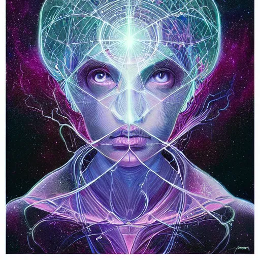 Image similar to beautiful portrait of intelligence of science, spatial space deformation in latent space, math art, astral plane, by artgerm and dan mumford and gustave dore