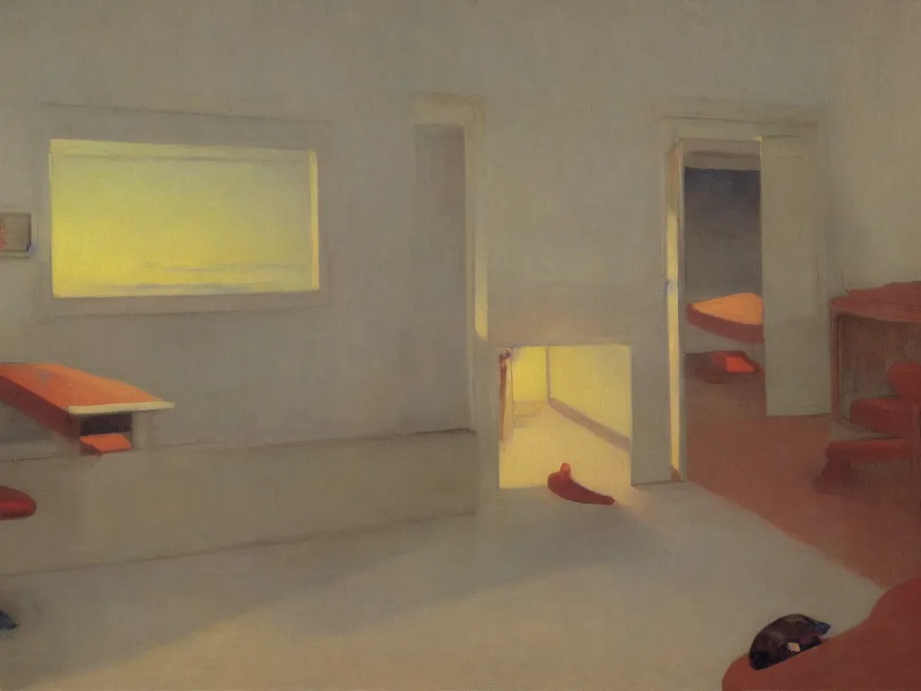 Prompt: the collector of corals in an interior. autumn sunset. painting by hopper