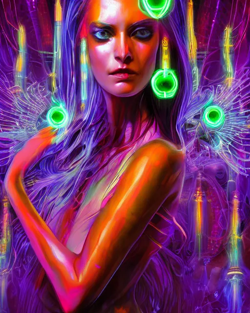 Prompt: a powerful energy psychedelic matrix priestess, by alexander fedosav, hyper detailed digital matte painting, concept art, hyperrealism, 1 6 k resolution, cinema 4 d, 8 k resolution, trending on artstation, behance hd, a masterpiece, by stephan martiniere, particles, cel - shaded, power bright neon energy, by david a. hardy,