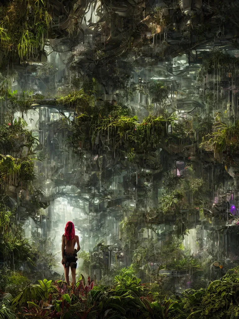 Prompt: portrait of a cyborg, standing in a hall of overgrown by plants cyberpunk megacomplex; hyperrealistic, 4K wallpaper, cinematic lighting, highly detailed and beautiful