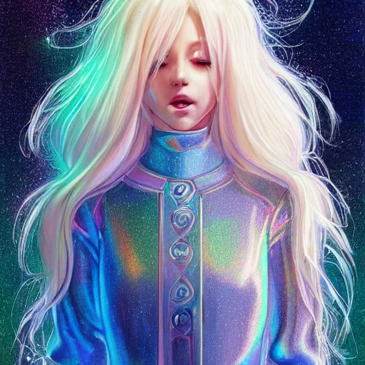 Prompt: aesthetic portrait commission of a albino male furry anthro lion wearing a cute holographic iridescent long sleeved silky reflective shirt outfit with bubble patterns and shapes, winter Atmosphere. Character design by charlie bowater, ross tran, artgerm, and makoto shinkai, detailed, inked, western comic book art, 2021 award winning painting