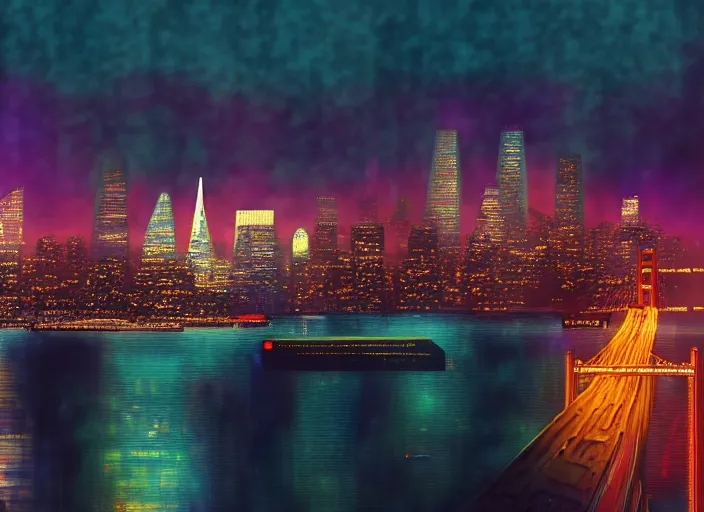 Prompt: cyberpunk scifi scene of san fransico skyline at night, salesforce tower, golden gate bridge, artstation, matt painting, very detailed, maximalism, ambient occlusion, volumetric light, atmospheric haze, unreal engine, hyper realism, realistic shading, cinematic composition, realistic render, octane render, detailed textures, photorealistic, wide shot