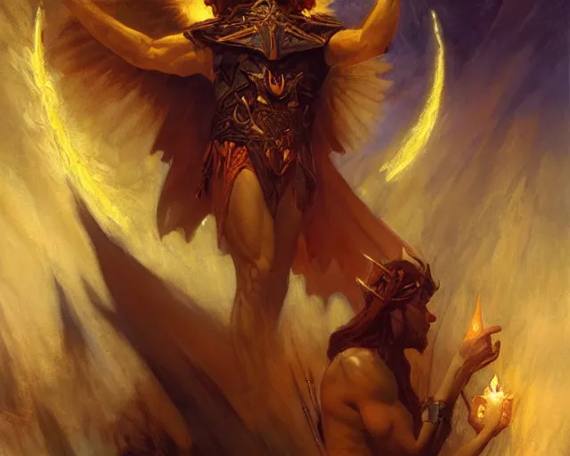 Image similar to attractive pagan male deity, summoning handsome lucifer morning star. highly detailed painting by gaston bussiere, craig mullins, j. c. leyendecker 8 k