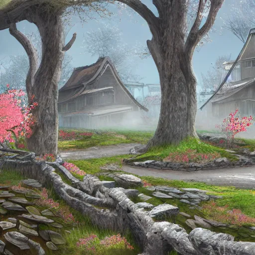 Prompt: abandoned Japanese village full of spring trees, concept art, digital art, well detailed, trending on artstation, 8k