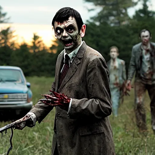 Prompt: mr. bean as zombie in the walking dead. movie still. cinematic lighting.