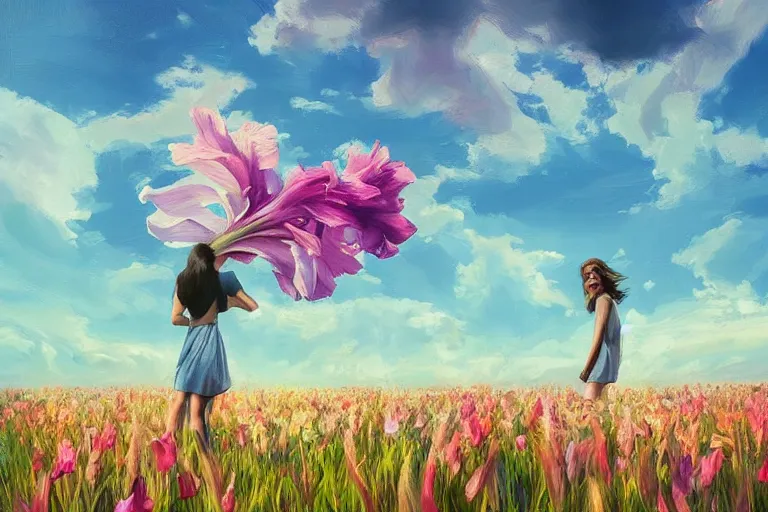 Image similar to giant gladiola head, girl walking in field of flowers, surreal photography, sunrise, blue sky, dramatic light, impressionist painting, digital painting, artstation, simon stalenhag