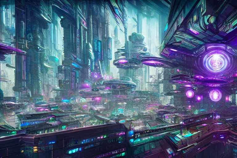 Prompt: a populated psychedelic cyberpunk city with astral beings flying through it at the edge of existence where intensely creative astral beings live, in the style of wlop, illustration, epic, fantasy, hyper detailed, smooth, unreal engine, sharp focus, ray tracing