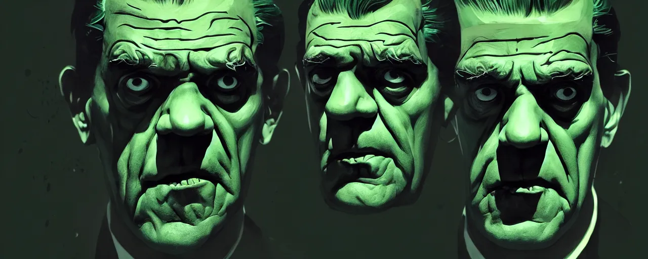 Image similar to duotone noir dark ghastly green concept illustration 3 / 4 portrait of boris karloff as frankenstein. cinematic scene film noir. volumetric lighting. golden rario accidental renaissance. by sachin teng and sergey kolesov and ruan jia and heng z. graffiti art, scifi, fantasy, hyper detailed. octane render. concept art. trending on artstation