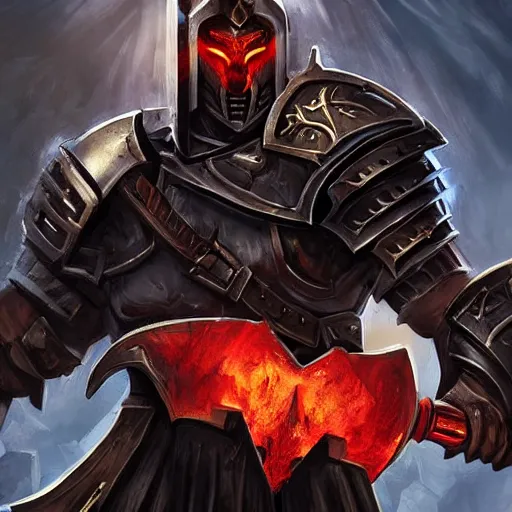 Image similar to Ares with heavy armor and sword, heavy knight helmet, dark sword in Ares's hand, war theme, bloodbath battlefield backgroubd, fiery battle coloring, hearthstone art style, epic fantasy style art, fantasy epic digital art, epic fantasy card game art